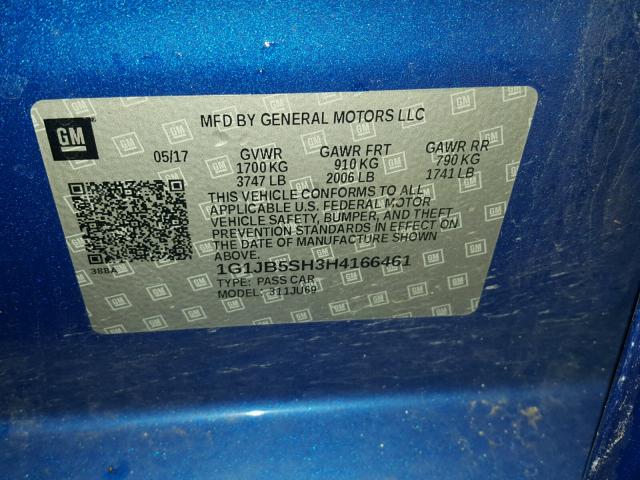 1G1JB5SH3H4166461 - 2017 CHEVROLET SONIC LS 蓝色 照片 10