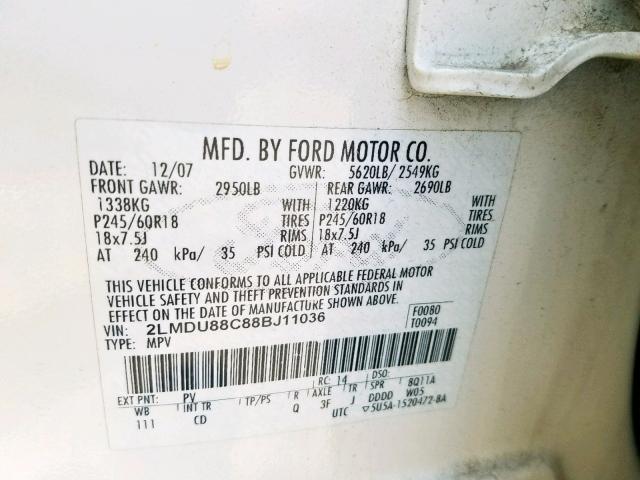 2LMDU88C88BJ11036 - 2008 LINCOLN MKX CREAM photo 10