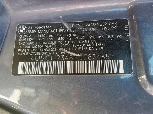 4USCH9348YLF87435 - 2000 BMW Z3 2.3 GRAY photo 10