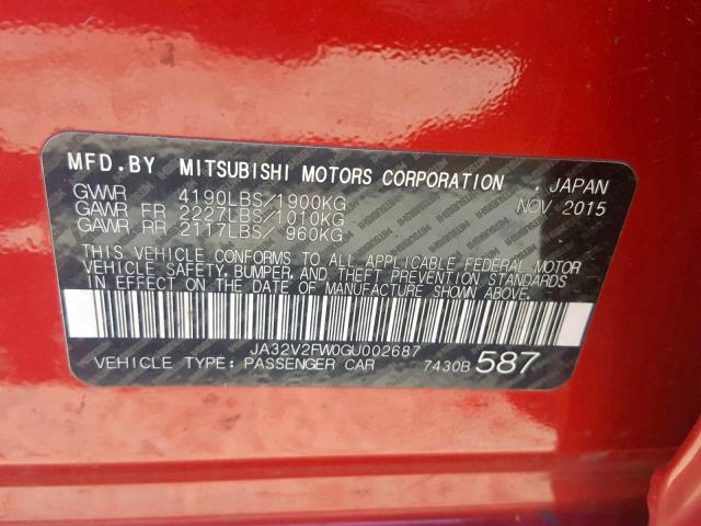 JA32V2FW0GU002687 - 2016 MITSUBISHI LANCER ES RED photo 10