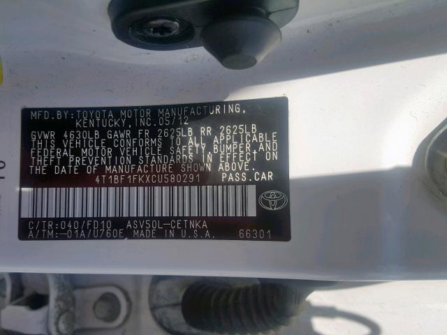 4T1BF1FKXCU580291 - 2012 TOYOTA CAMRY BASE WHITE photo 10