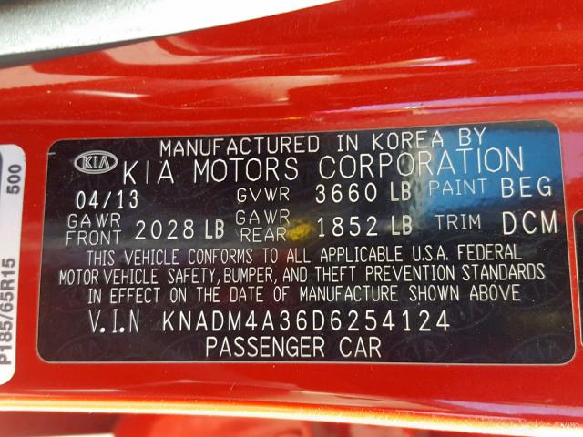 KNADM4A36D6254124 - 2013 KIA RIO LX RED photo 10