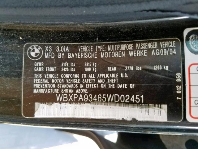 WBXPA93465WD02451 - 2005 BMW X3 3.0I BLACK photo 10