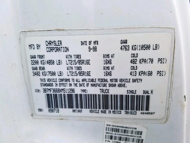 3B7MF3668XM511296 - 1999 DODGE RAM 3500 WHITE photo 10