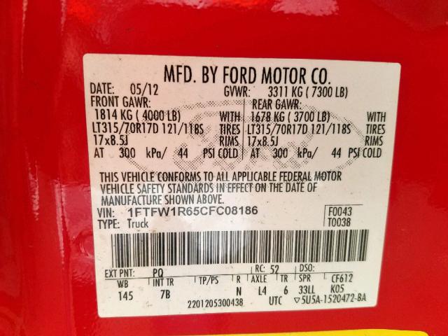 1FTFW1R65CFC08186 - 2012 FORD F150 SVT R RED photo 10