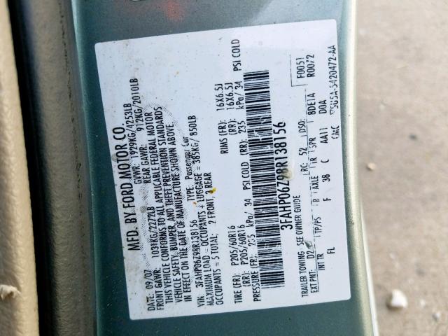 3FAHP06Z98R138156 - 2008 FORD FUSION S GREEN photo 10