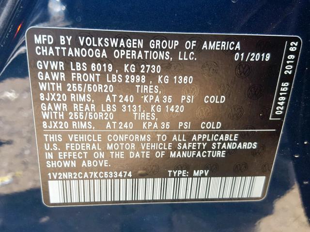 1V2NR2CA7KC533474 - 2019 VOLKSWAGEN ATLAS SEL Mavi foto 10