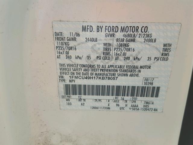 1FMCU49H17KB78057 - 2007 FORD ESCAPE HEV WHITE photo 10