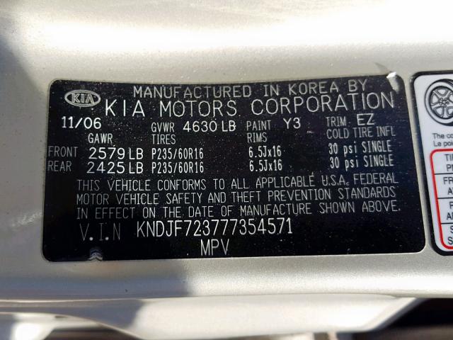 KNDJF723777354571 - 2007 KIA SPORTAGE E SILVER photo 10