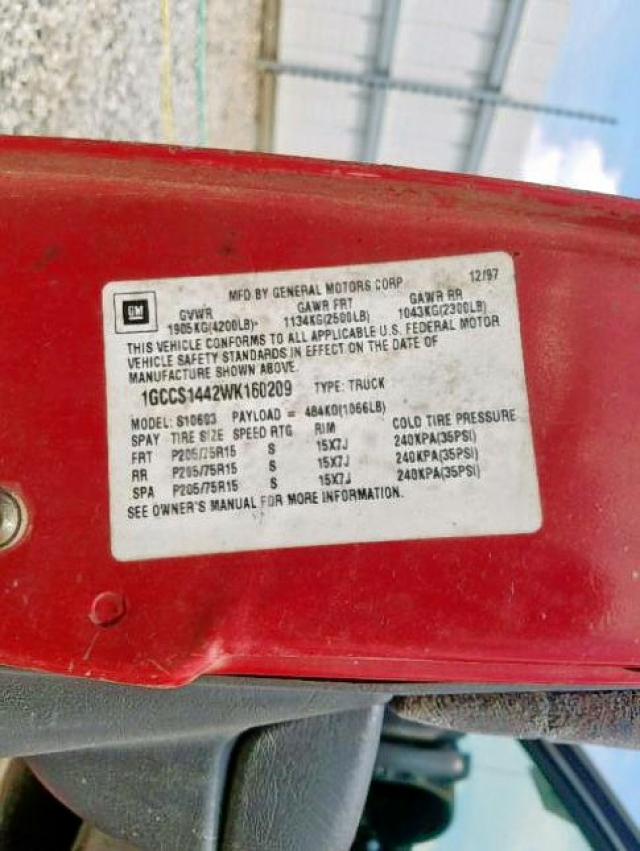 1GCCS1442WK160209 - 1998 CHEVROLET S TRUCK S1 RED photo 10