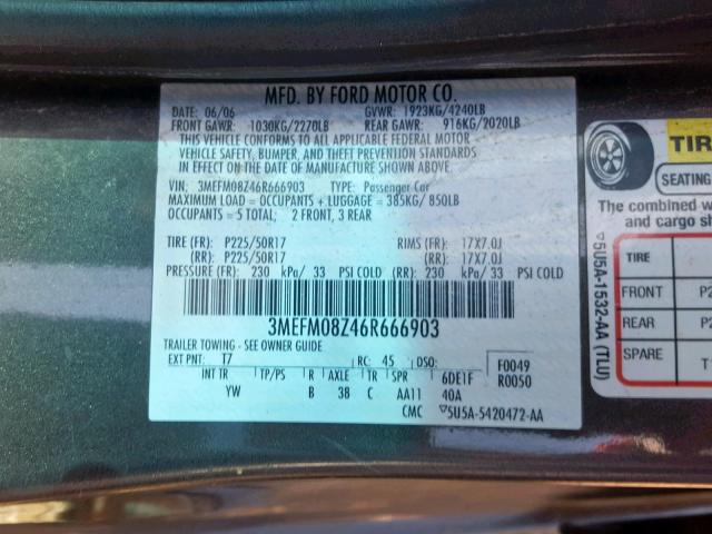 3MEFM08Z46R666903 - 2006 MERCURY MILAN PREM GRAY photo 10