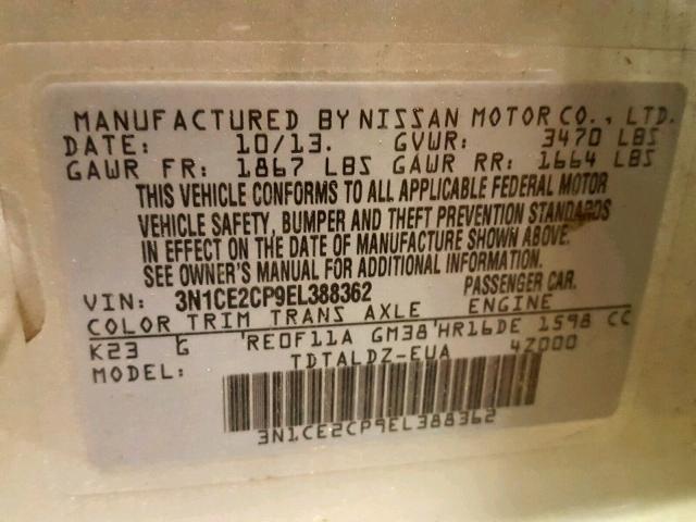 3N1CE2CP9EL388362 - 2014 NISSAN VERSA NOTE SILVER photo 10