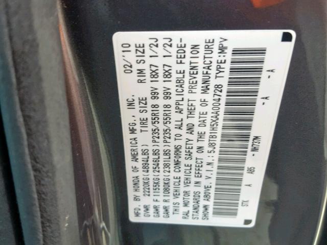 5J8TB1H5XAA004728 - 2010 ACURA RDX TECHNO GRAY photo 10