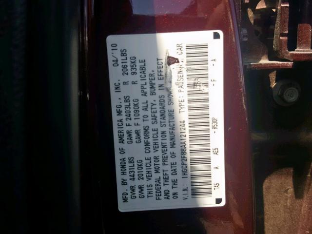 1HGCP2F88AA121244 - 2010 HONDA ACCORD EXL BURGUNDY photo 10