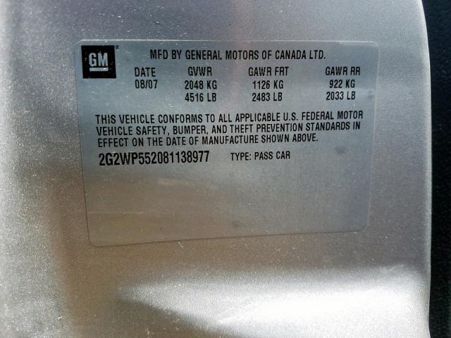 2G2WP552081138977 - 2008 PONTIAC GRAND PRIX SILVER photo 10