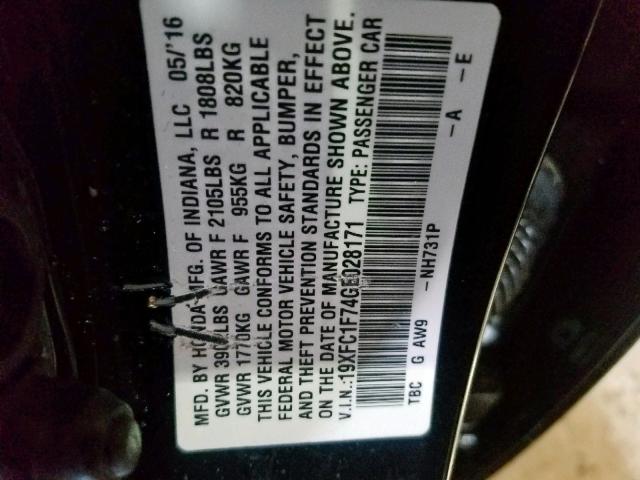 19XFC1F74GE028171 - 2016 HONDA CIVIC EXL 黑色 照片 10