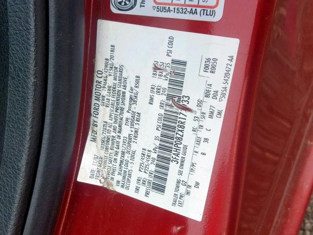 3FAHP08ZX8R173933 - 2008 FORD FUSION SEL RED photo 10