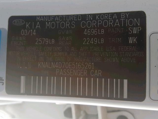 KNALN4D70E5165261 - 2014 KIA CADENZA PR WHITE photo 10