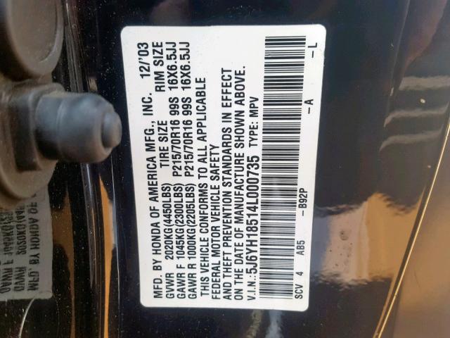 5J6YH18514L000735 - 2004 HONDA ELEMENT EX BLACK photo 10