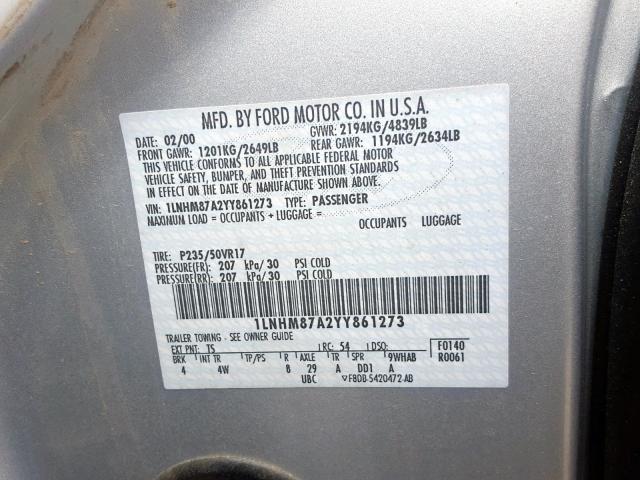 1LNHM87A2YY861273 - 2000 LINCOLN LS ვერცხლისფერი ფოტო 10