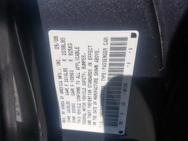 1HGCS12808A021728 - 2008 HONDA ACCORD EXL GRAY photo 10