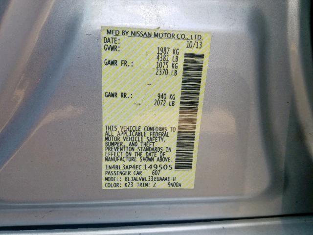 1N4BL3AP4EC149505 - 2014 NISSAN ALTIMA 3.5 SILVER photo 10