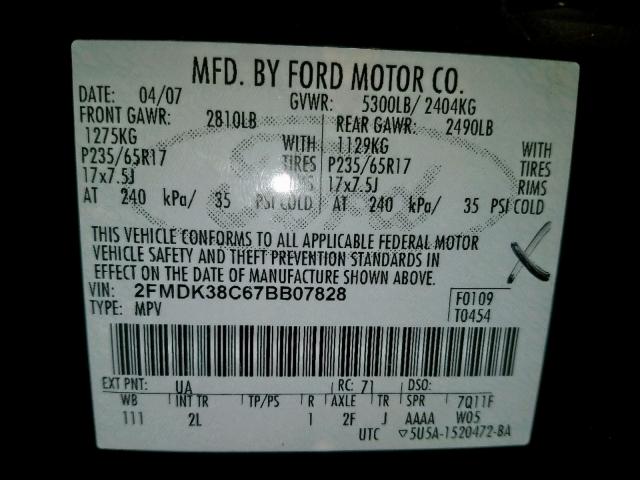 2FMDK38C67BB07828 - 2007 FORD EDGE SEL BLACK photo 10