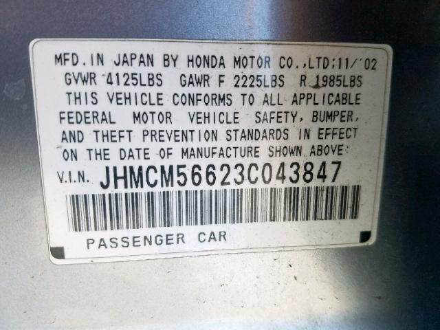 JHMCM56623C043847 - 2003 HONDA ACCORD EX SILVER photo 10