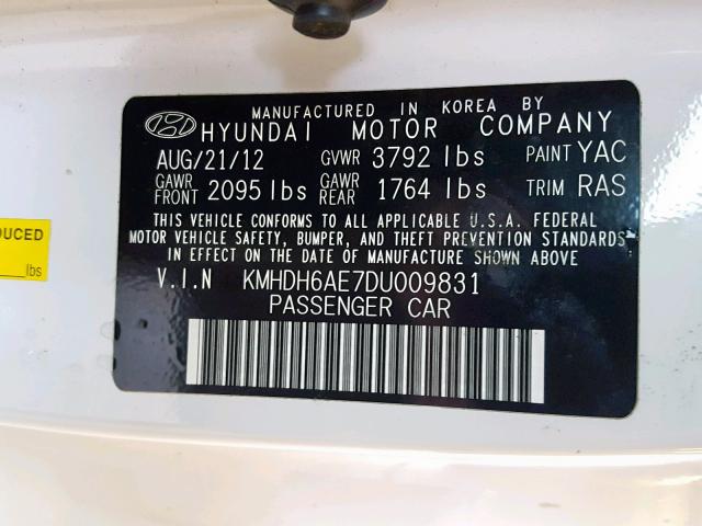 KMHDH6AE7DU009831 - 2013 HYUNDAI ELANTRA CO WHITE photo 10