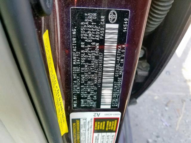 4T1BK3DB3CU456857 - 2012 TOYOTA AVALON BAS MAROON photo 10