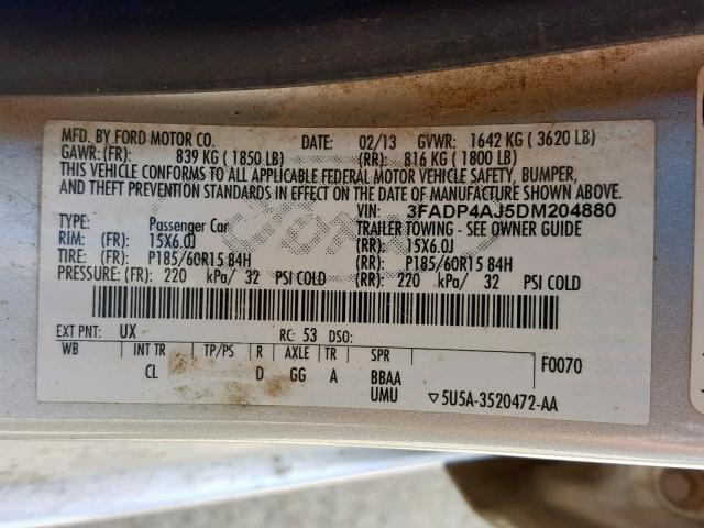 3FADP4AJ5DM204880 - 2013 FORD FIESTA S GRAY photo 10