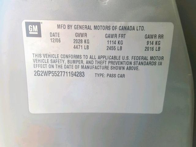 2G2WP552771194283 - 2007 PONTIAC GRAND PRIX GRAY photo 10