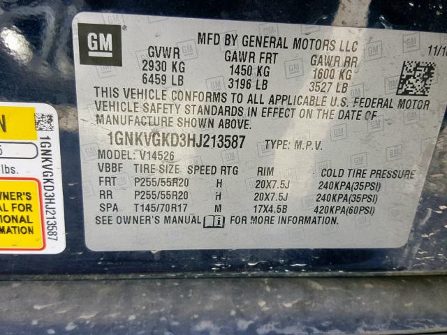 1GNKVGKD3HJ213587 - 2017 CHEVROLET TRAVERSE L BLUE photo 10