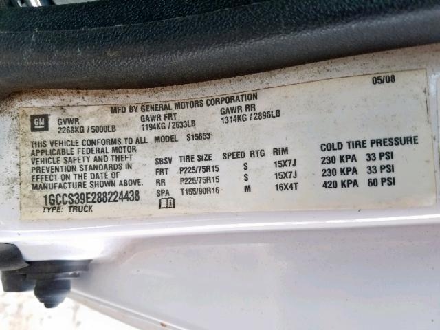 1GCCS39E288224438 - 2008 CHEVROLET COLORADO L WHITE photo 10