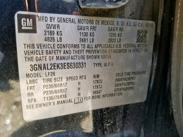 3GNAL2EK3ES630331 - 2014 CHEVROLET CAPTIVA LS შავი ფოტო 10