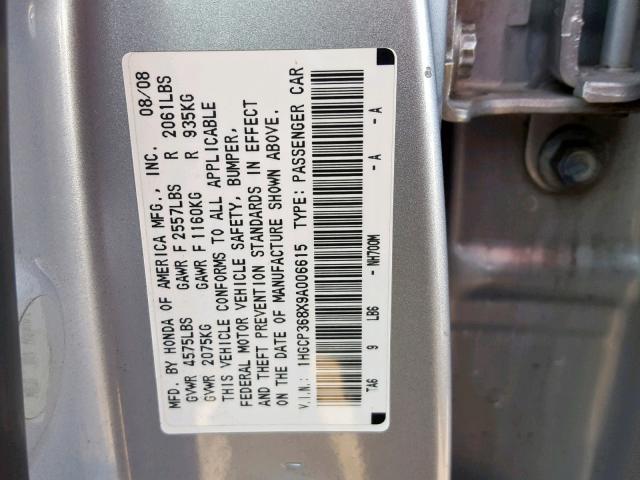 1HGCP368X9A006615 - 2009 HONDA ACCORD EXL SILVER photo 10