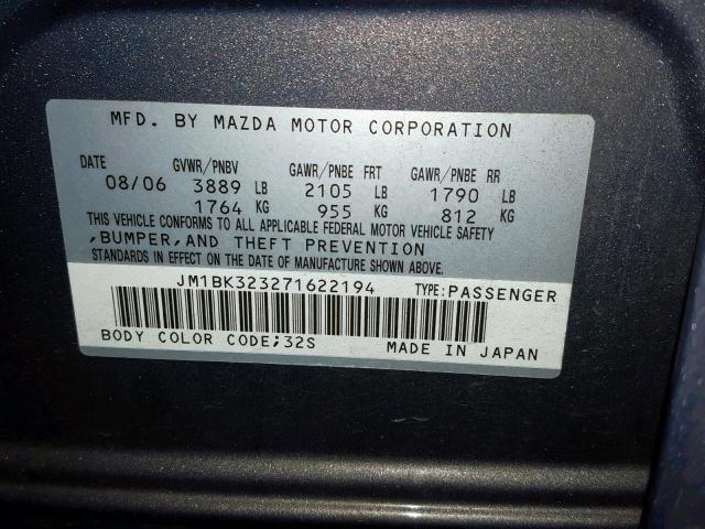 JM1BK323271622194 - 2007 MAZDA 3 S GRAY photo 10