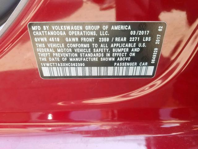 1VWCT7A3XHC062390 - 2017 VOLKSWAGEN PASSAT SEL RED photo 10