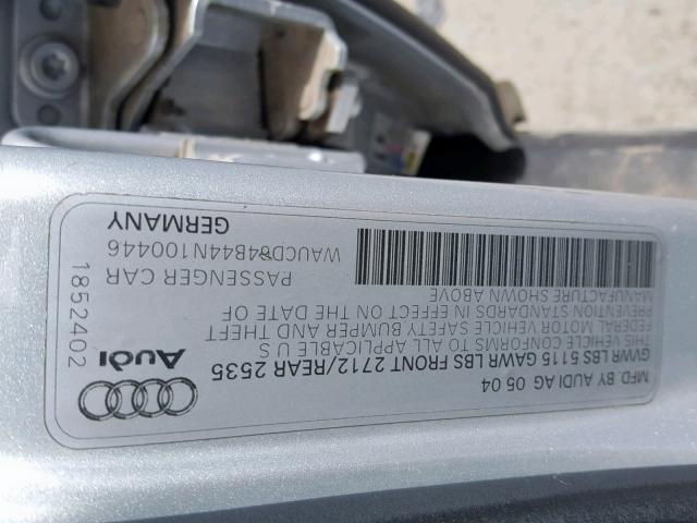 WAUCD64B44N100446 - 2004 AUDI A6 S-LINE SILVER photo 10