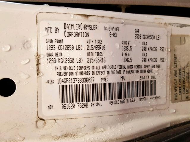 1D4GP21373B336027 - 2003 DODGE CARAVAN C/ WHITE photo 10