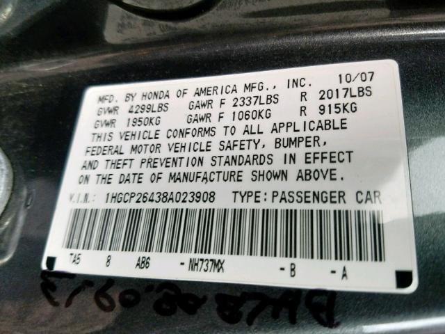 1HGCP26438A023908 - 2008 HONDA ACCORD LXP GRAY photo 10