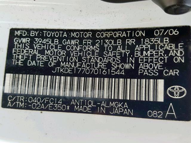 JTKDE177070161544 - 2007 TOYOTA SCION TC თეთრი ფოტო 10