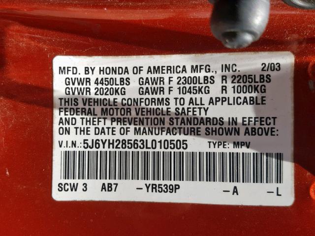 5J6YH28563L010505 - 2003 HONDA ELEMENT EX ORANGE photo 10