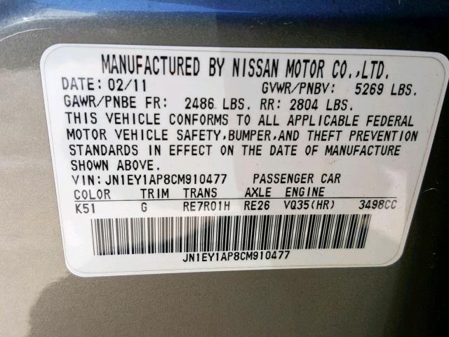 JN1EY1AP8CM910477 - 2012 INFINITI M35H GRAY photo 10