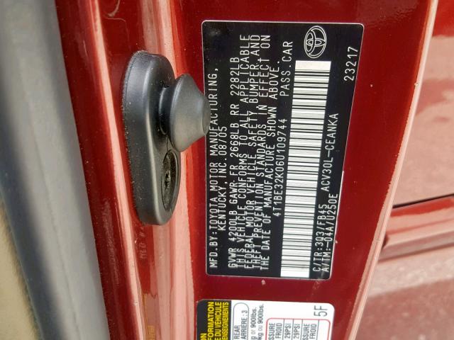 4T1BE32K06U109744 - 2006 TOYOTA CAMRY LE RED photo 10