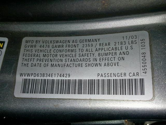 WVWPD63B34E174429 - 2004 VOLKSWAGEN PASSAT GLS GRAY photo 10