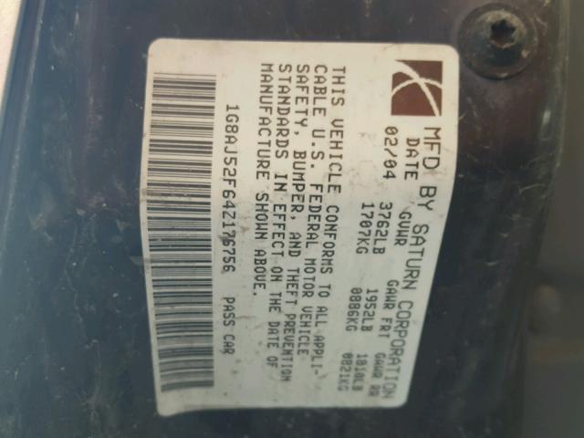 1G8AJ52F64Z176756 - 2004 SATURN ION LEVEL SILVER photo 10