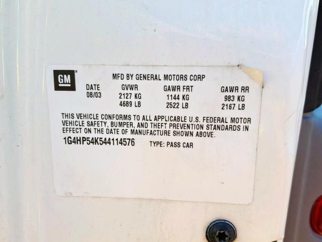 1G4HP54K544114576 - 2004 BUICK LESABRE CU WHITE photo 10