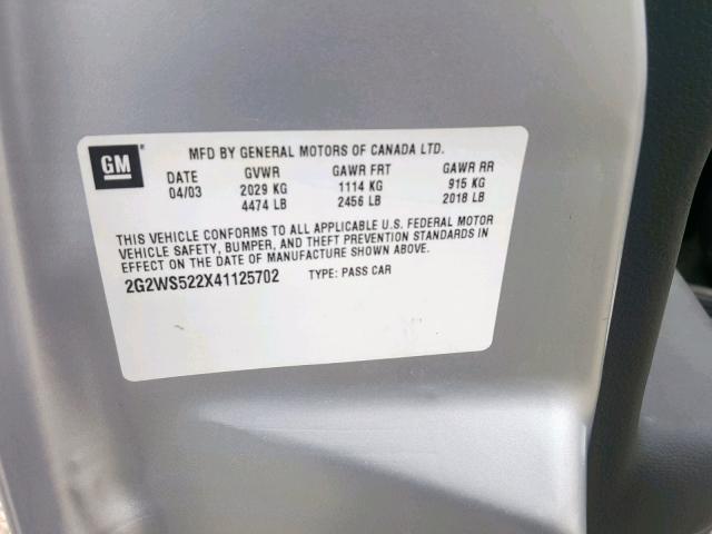 2G2WS522X41125702 - 2004 PONTIAC GRAND PRIX SILVER photo 10