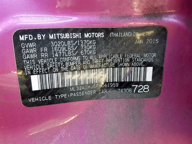 ML32A3HJ6FH041959 - 2015 MITSUBISHI MIRAGE DE PURPLE photo 10